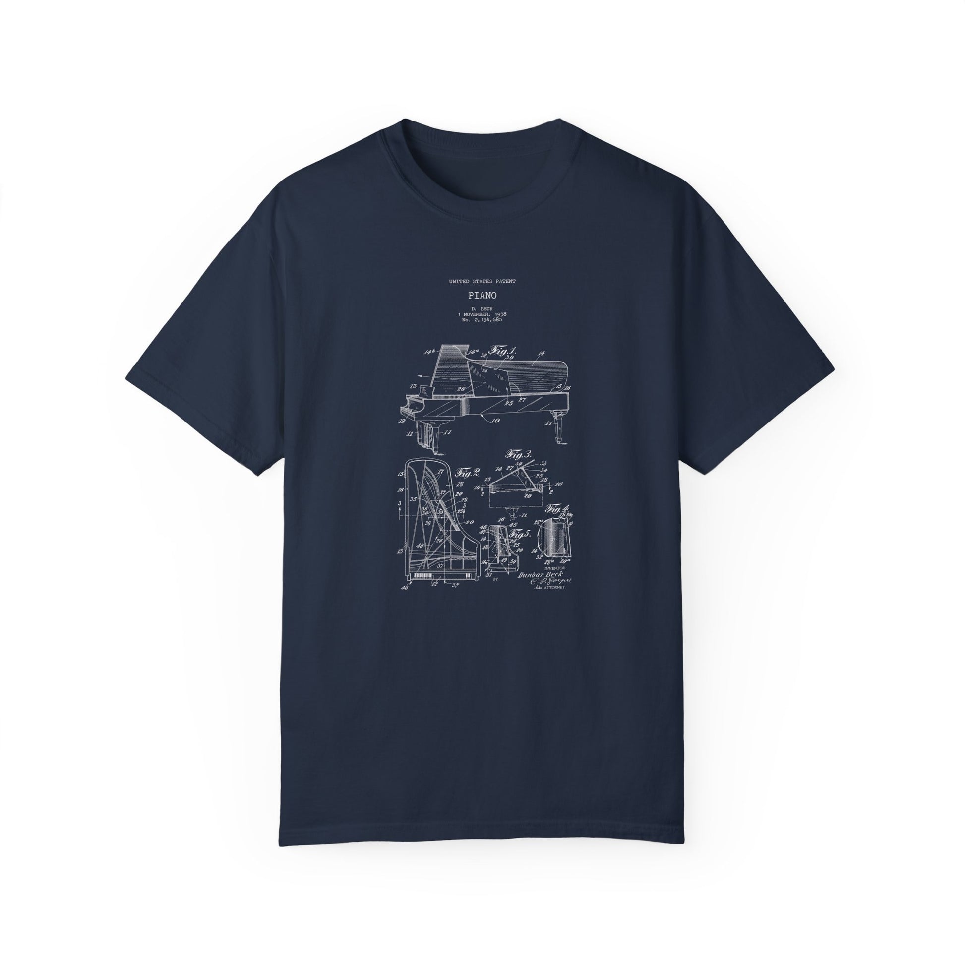 a navy blue t - shirt with a drawing of a gun