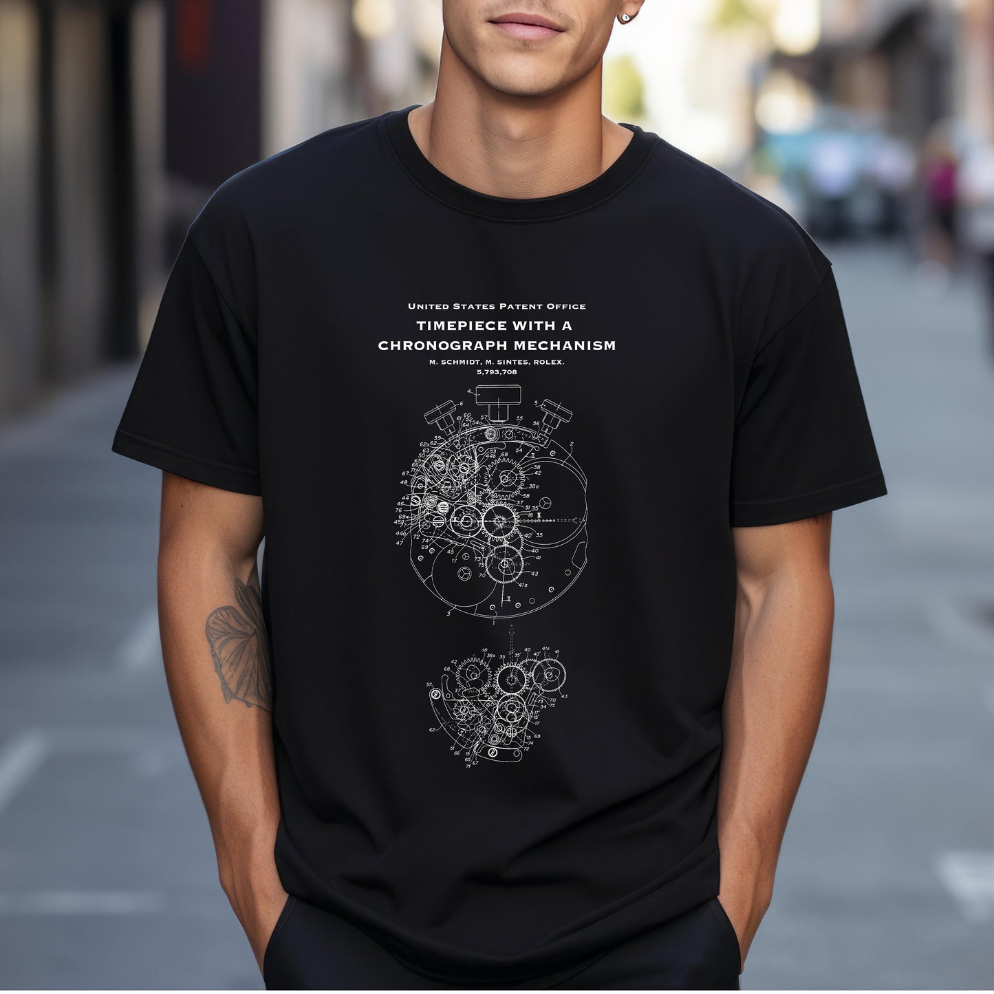 T shirt with US patent office design for mechanism for a chronograph timepiece watch by Rolex perfect gift for watch collectors