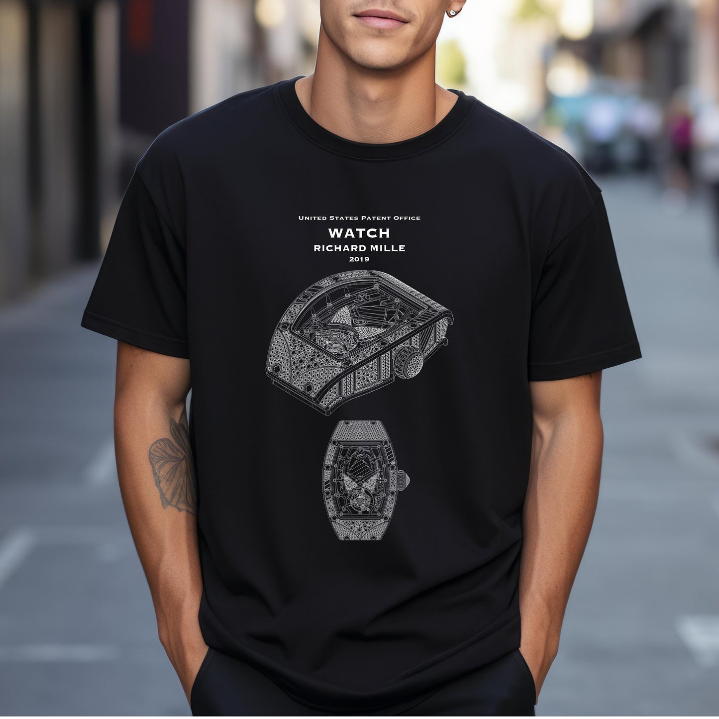 T shirt with US patent office design of watch for Richard Mille from 2019. Perfect gift for watch collectors, fashion, luxury watches