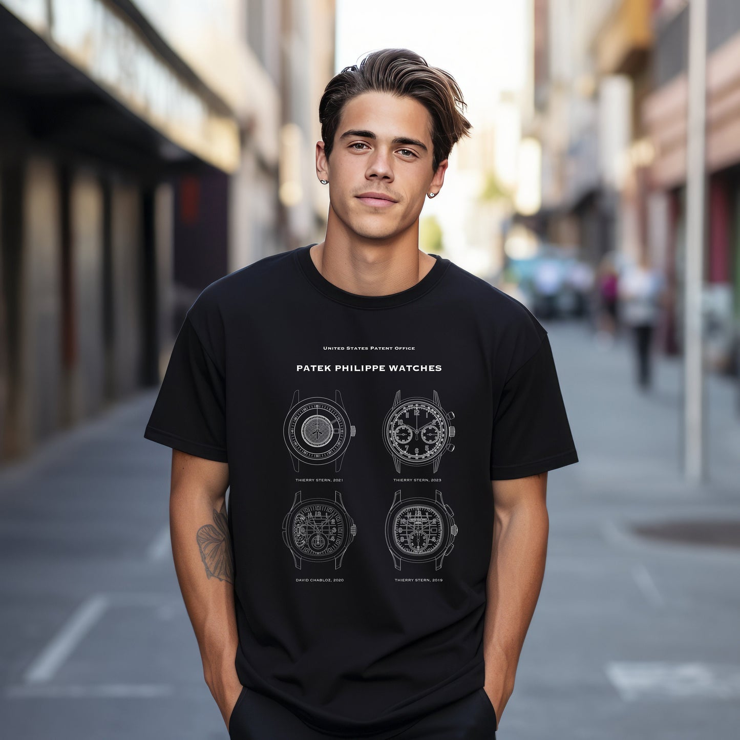 T shirt with US patent office designs of a variety of watch faces for Patek Philippe luxury watches. Perfect gift for watch collectors