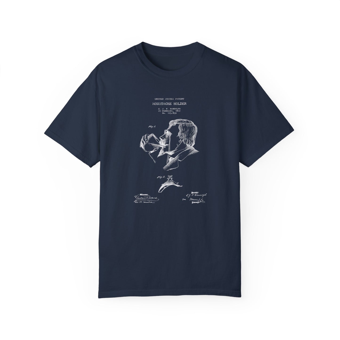 a navy blue t - shirt with a drawing of a man&#39;s face and