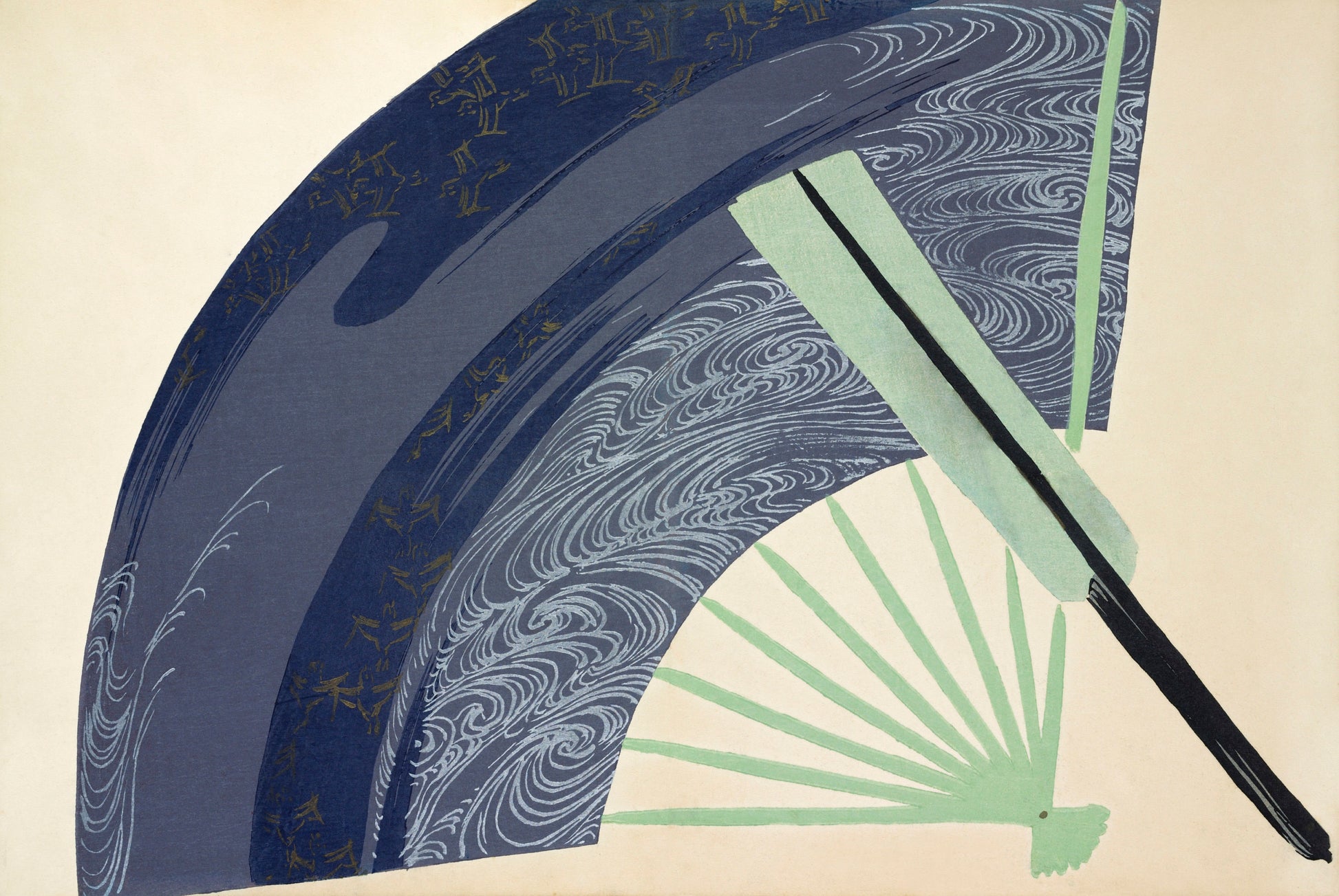 a painting of a blue fan with a black handle