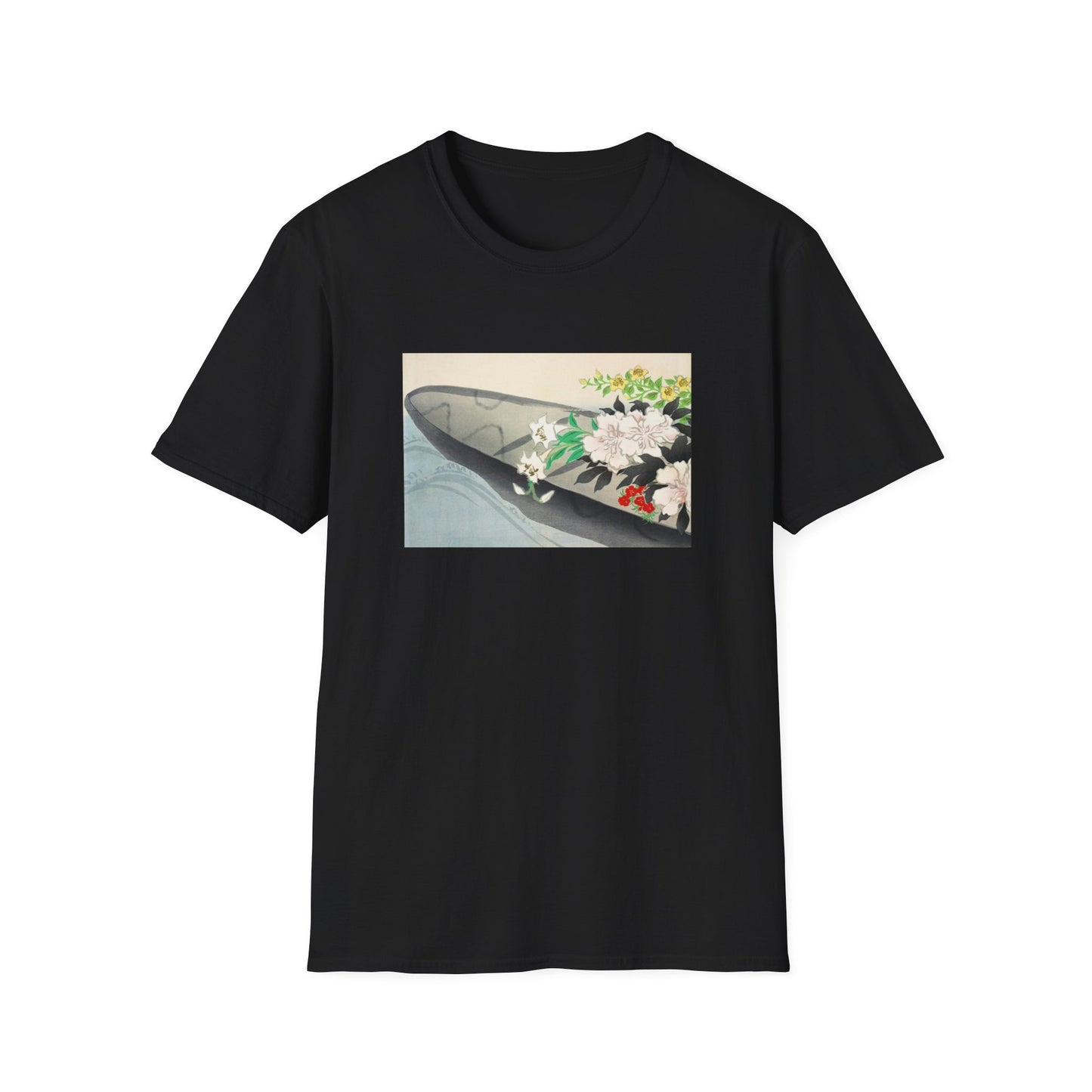 a black t - shirt with a picture of a surfboard and flowers on it