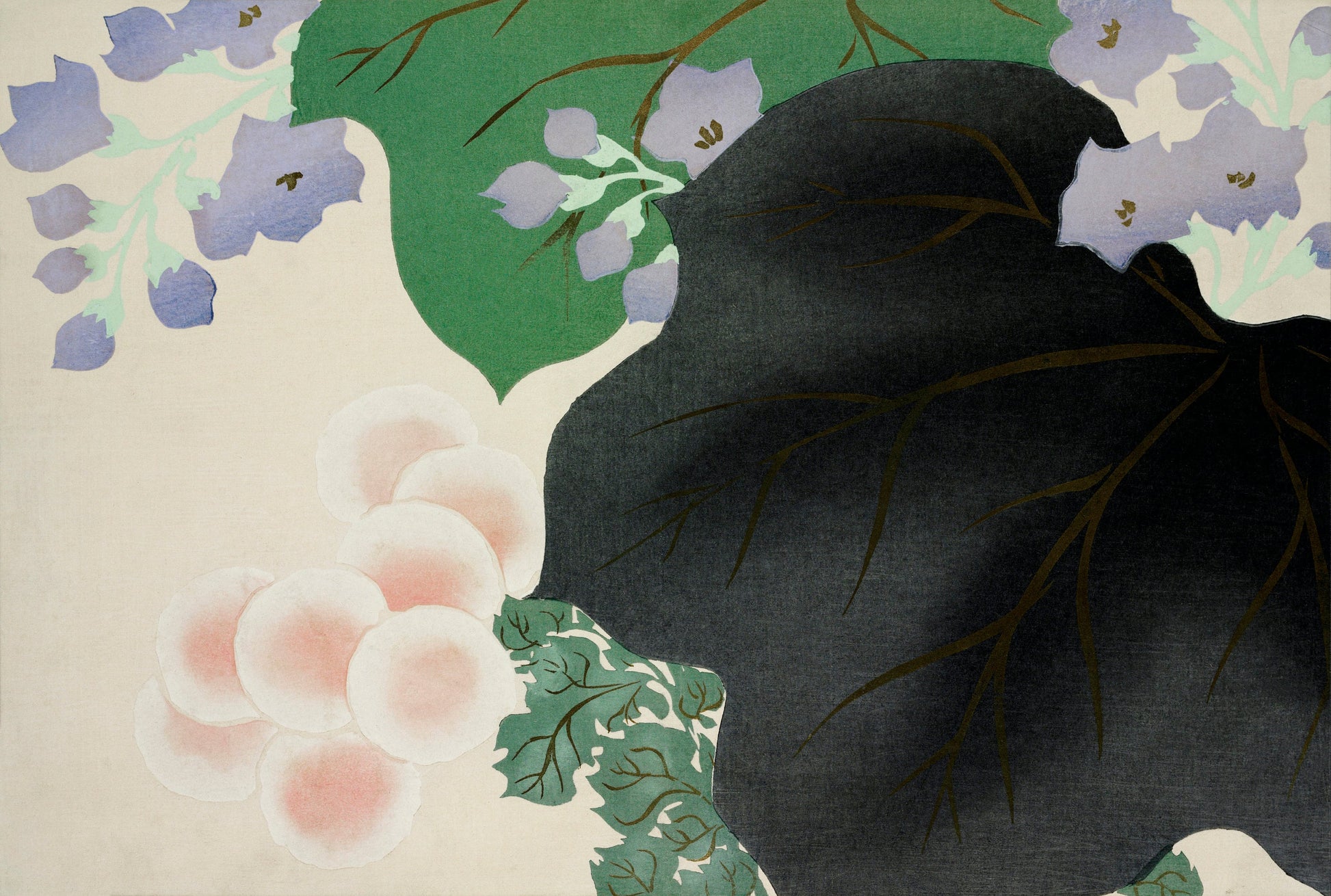 a painting of flowers and leaves on a white background