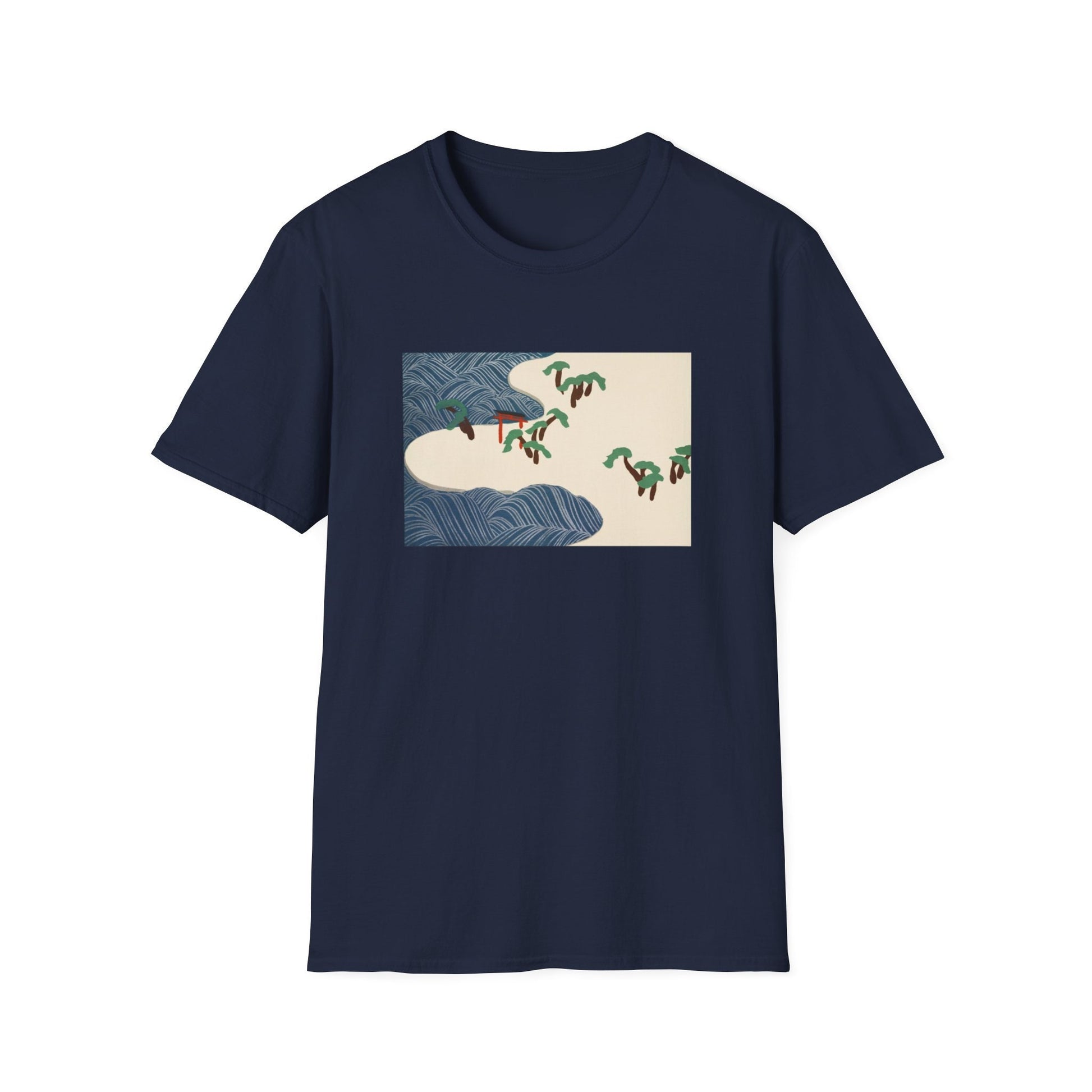 a t - shirt with a painting of a wave and palm trees