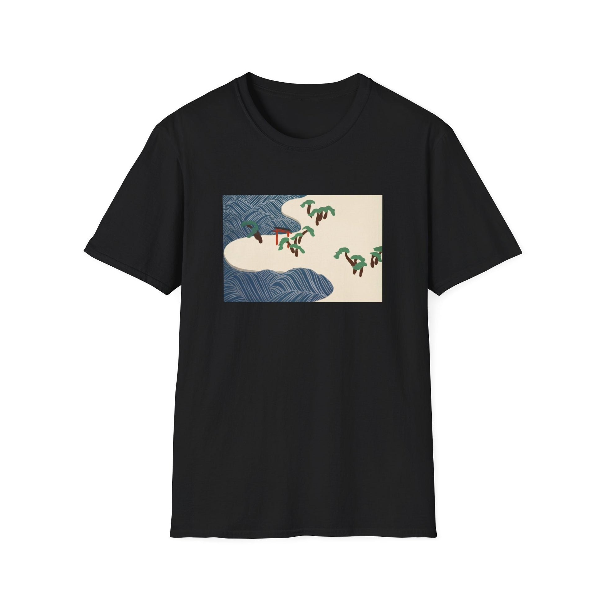 a black t - shirt with a painting of a wave