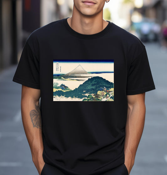Cushion Pine at Aoyama by Katsushika Hokusai view of Mt Fuji T shirt  from famous Japanese woodblock print