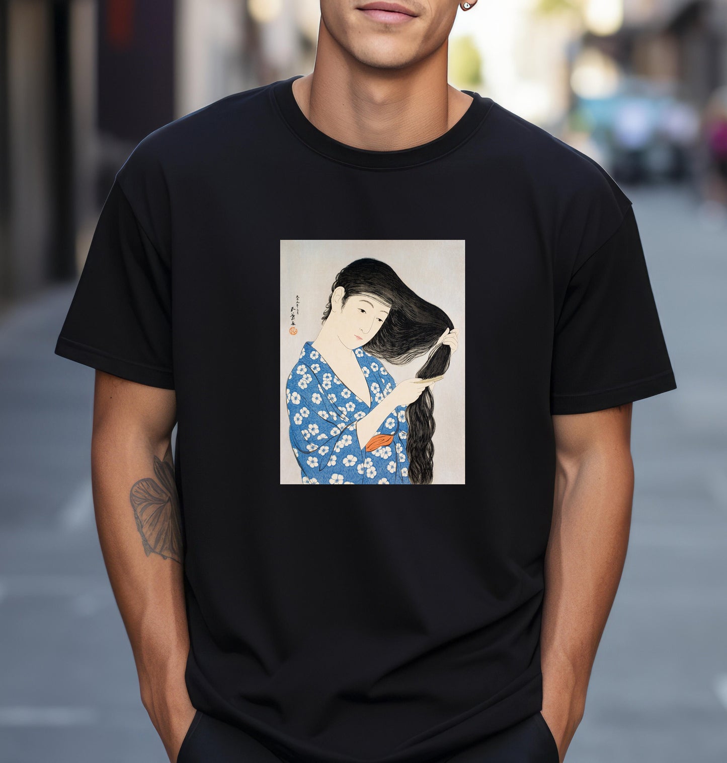 Woman Combing Her Hair by Goyo Hashiguchi T shirt from famous Japanese woodblock print