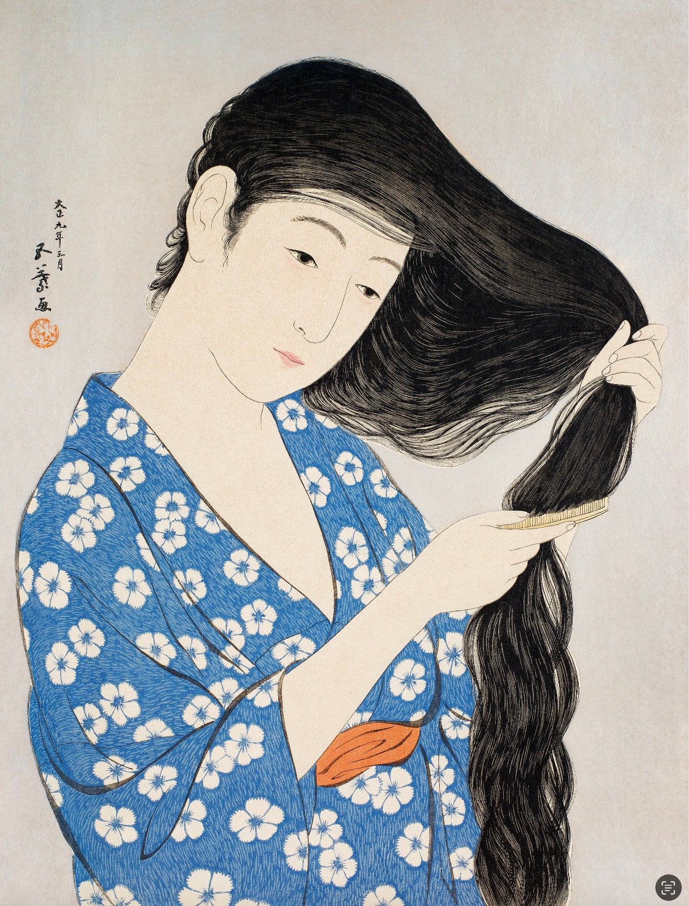 a painting of a woman brushing her hair