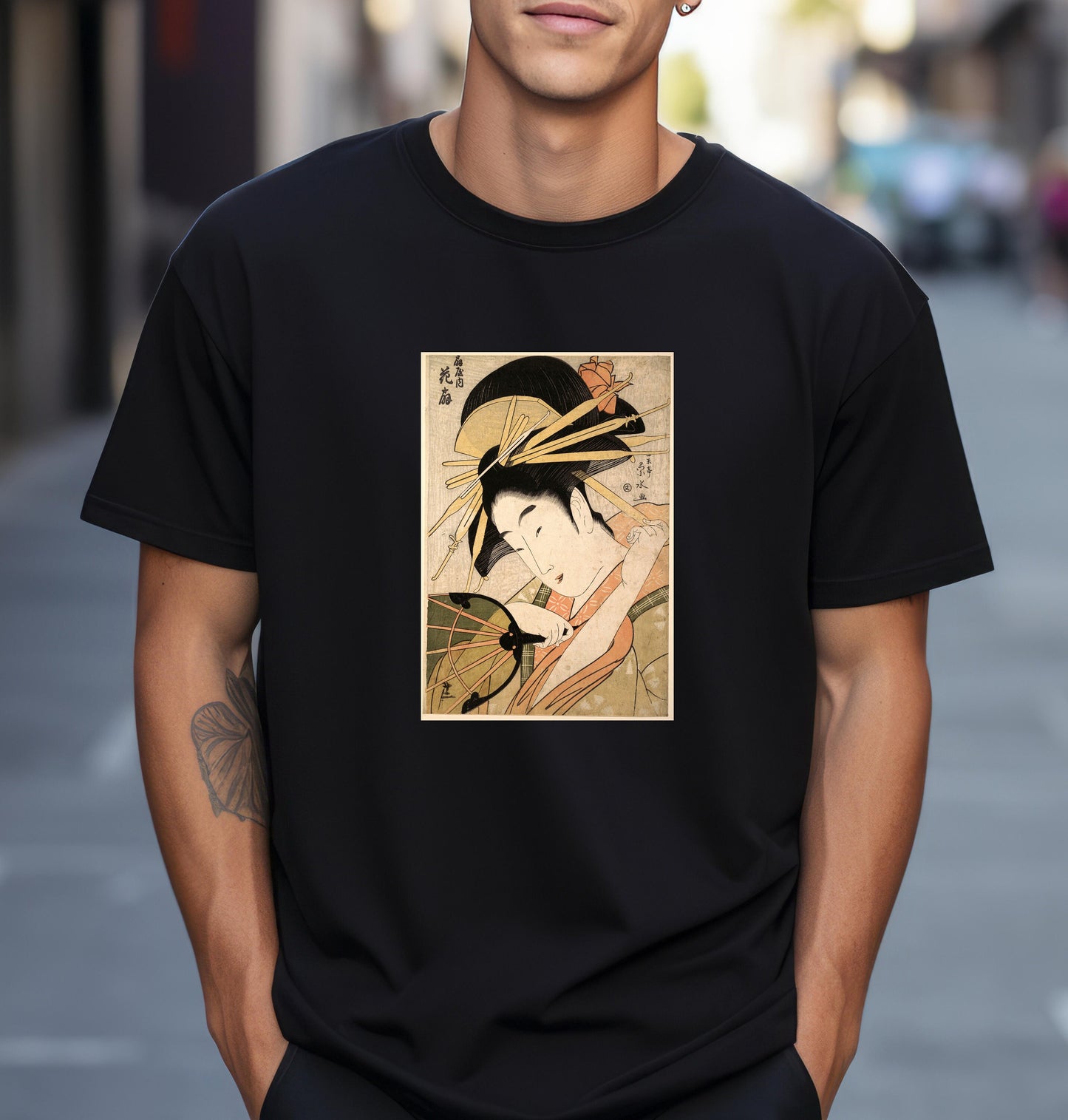 The Courtesan Hanaogi of the Ogiya Brothel (Ogiya no uchi Hanaogi) T shirt from famous Japanese woodblock print