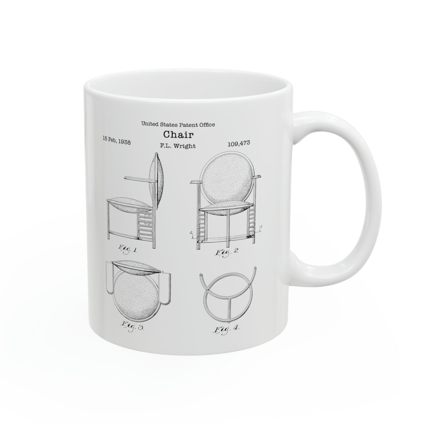 Chair design architect Frank Lloyd Wright from the US Patent Office. Perfect  11oz mug gift for any architect, interior designer, furniture