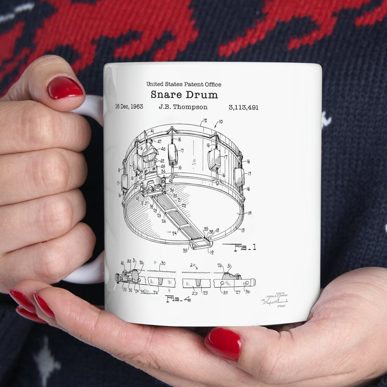 Snare drum musical instrument patent design from the US Patent Office. Perfect gift for any drummer, musician, music lover, rock music fan