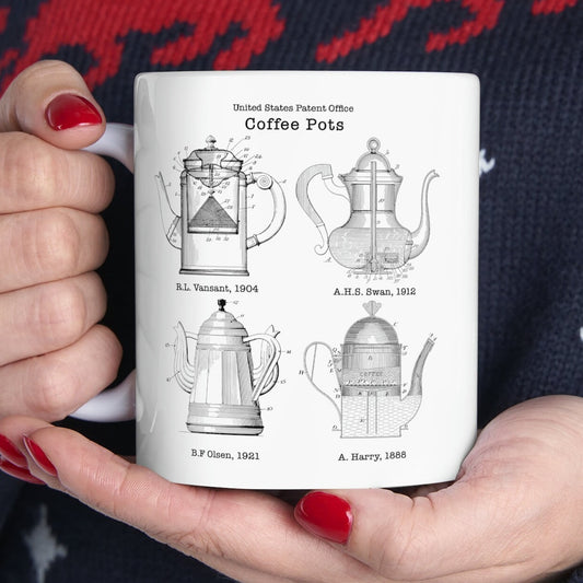 a woman holding a coffee mug with a diagram of a coffee pot