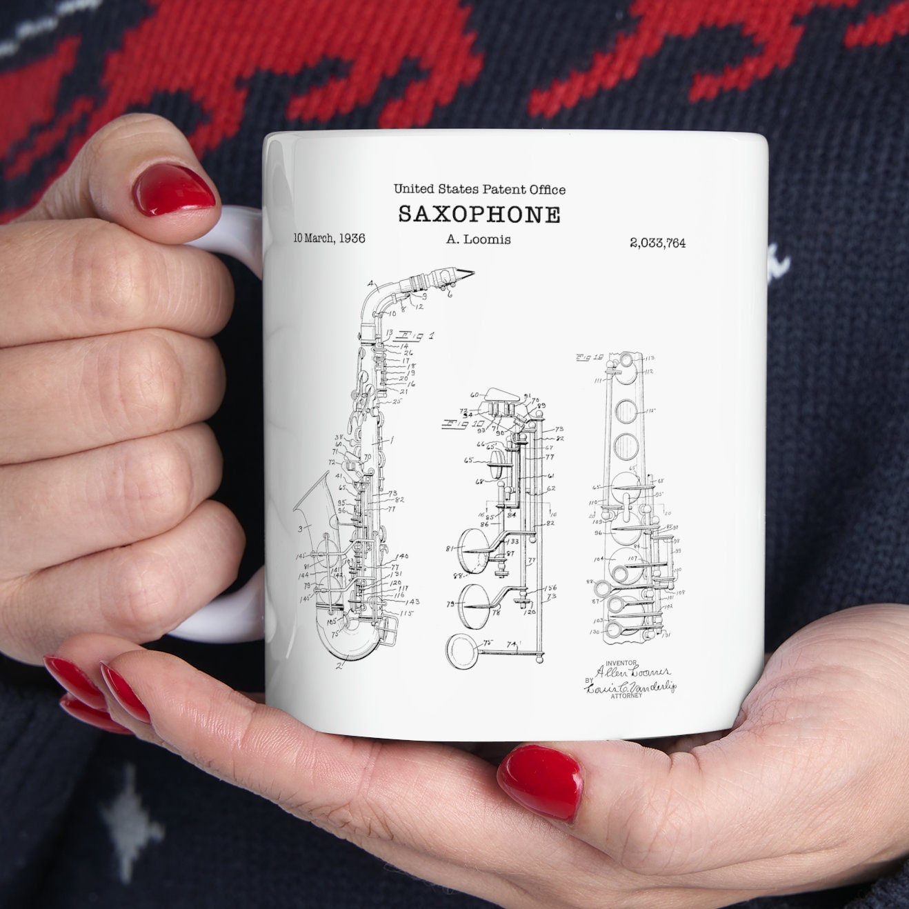 Saxophone  patent from 1936 from the US Patent Office. An 11oz mug perfect as gift for a music lover or saxophone player