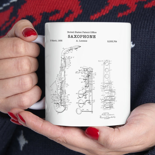 Saxophone  patent from 1936 from the US Patent Office. An 11oz mug perfect as gift for a music lover or saxophone player