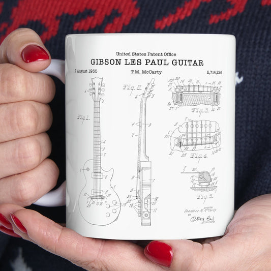 Gibson Les Paul guitar patent from 1953 from the US Patent Office. An 11oz mug perfect as gift for a music lover or guitarist