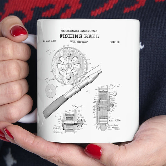 Fishing reel patent from 1906 from the US Patent Office. An 11oz mug perfect as gift for any fishing or angling enthusiast.