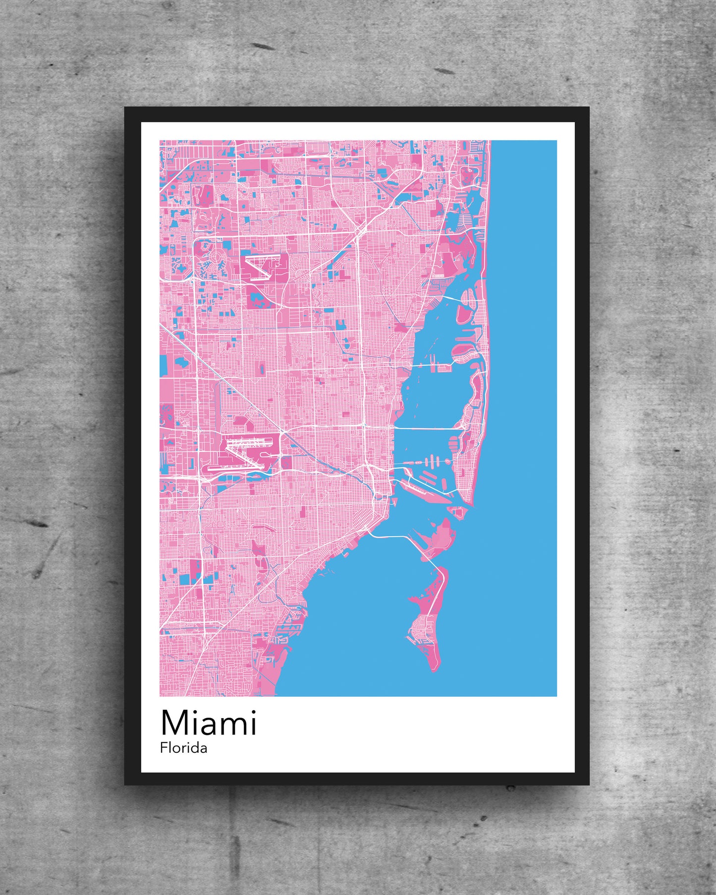 Miami modern minimalist map print poster. Quality colourful poster of Miami Florida on quality art paper