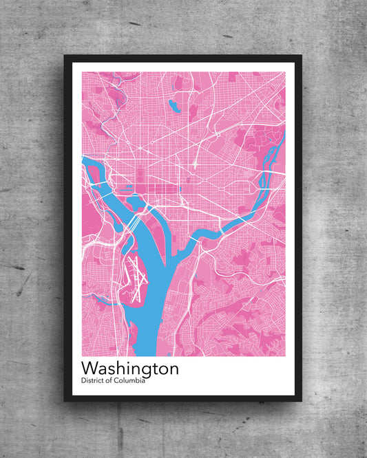 Washington DC modern minimalist map print poster. Quality colourful poster of Washington DC on quality art paper