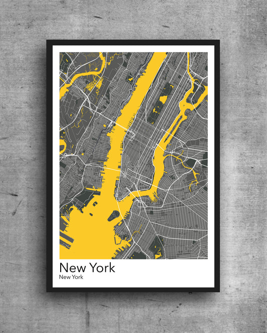 New York City modern minimalist map print poster. Quality colourful poster of New York City Manhattan on quality art paper