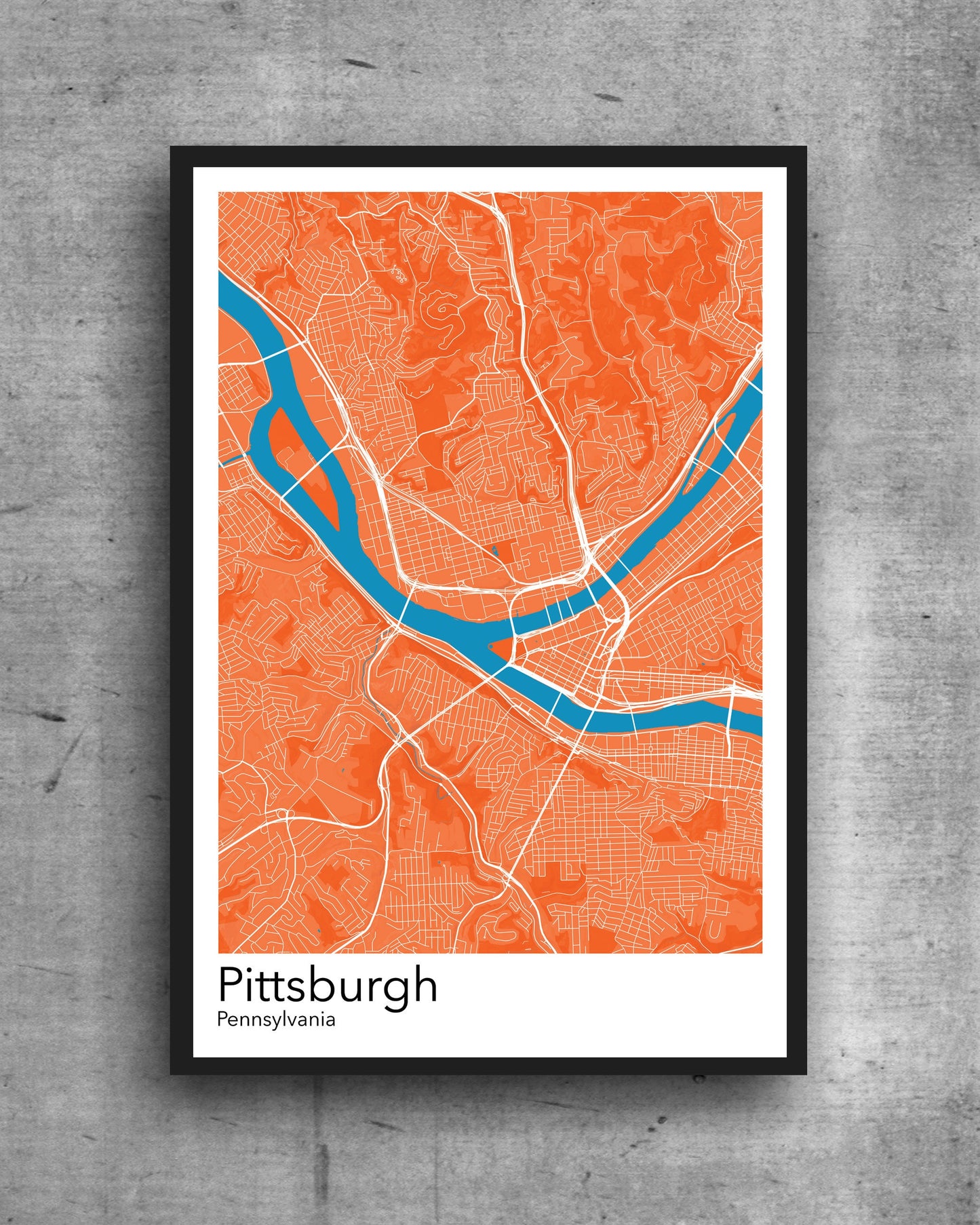 Pittsburgh modern minimalist map print poster. Quality colourful poster of Pittsburgh Pennsylvania on quality art paper