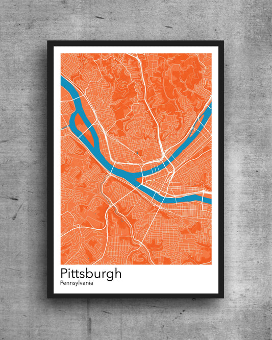 Pittsburgh modern minimalist map print poster. Quality colourful poster of Pittsburgh Pennsylvania on quality art paper