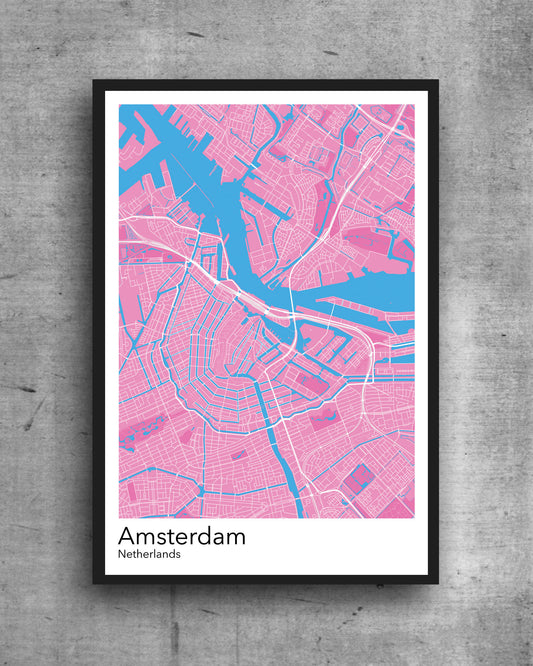 Amsterdam modern minimalist map print poster.  Quality colourful poster of Amsterdam The Netherlands on quality art paper