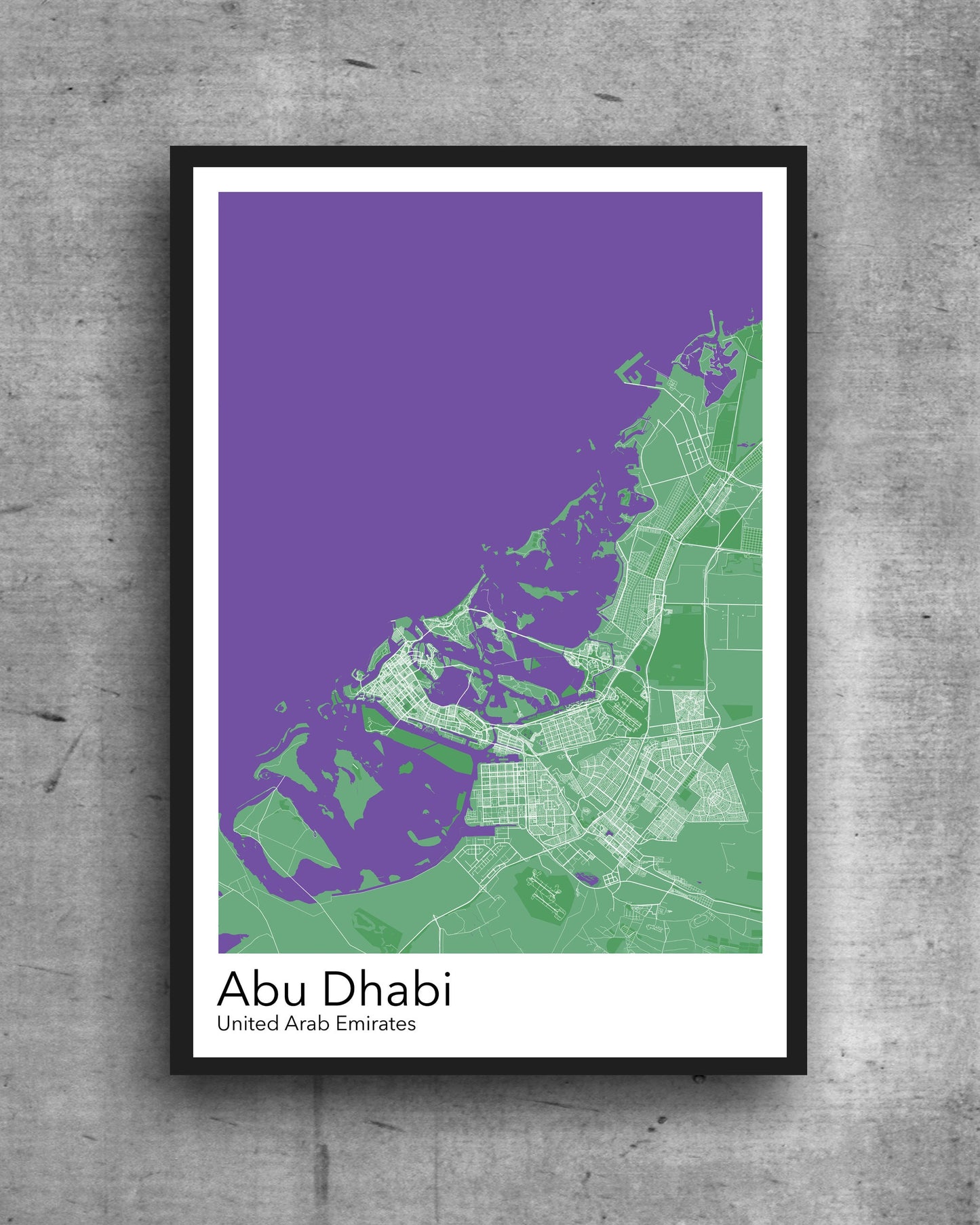 Abu Dhabi modern minimalist map print poster. A colourful poster of Abu Dhabi in United Arab Emirates on quality art paper