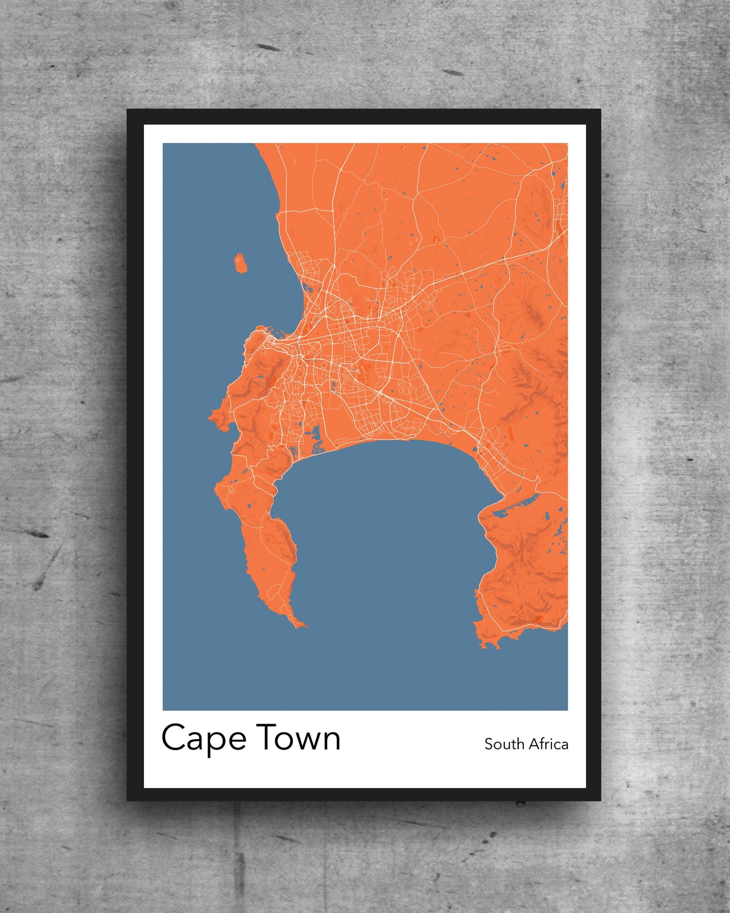 Cape Town modern minimalist map print poster. Quality colourful poster of Cape Town South Africa on quality art paper