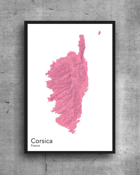 Corsica modern minimalist map print poster. Quality colourful poster of Corsica island in France on quality art paper