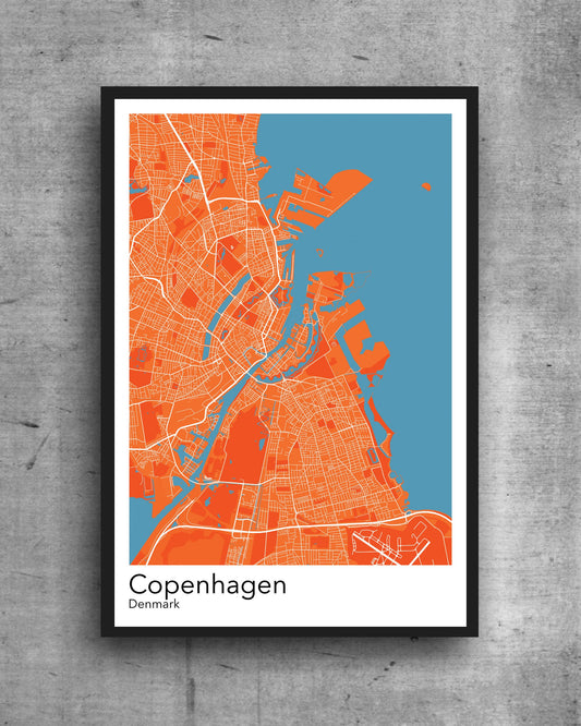 Copenhagen modern minimalist map print poster.  Quality colourful poster of Copenhagen Denmark on quality art paper