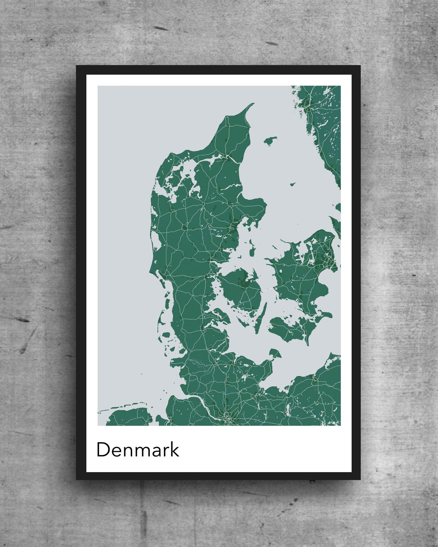 Denmark modern minimalist map print poster.  Quality colourful poster of Denmark on quality art paper