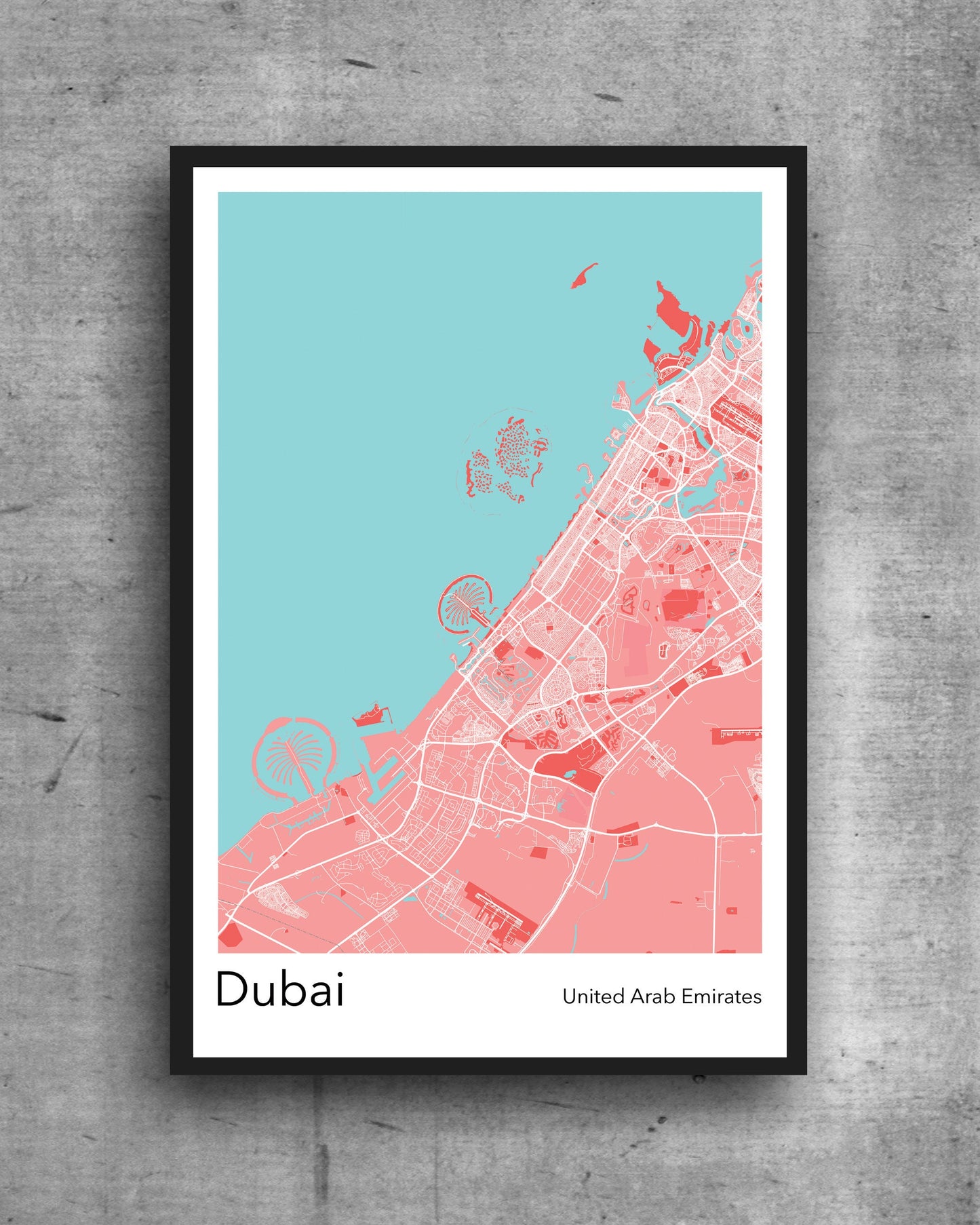 Dubai modern minimalist map print poster. A colourful poster of Dubai United Arab Emirates on quality art paper