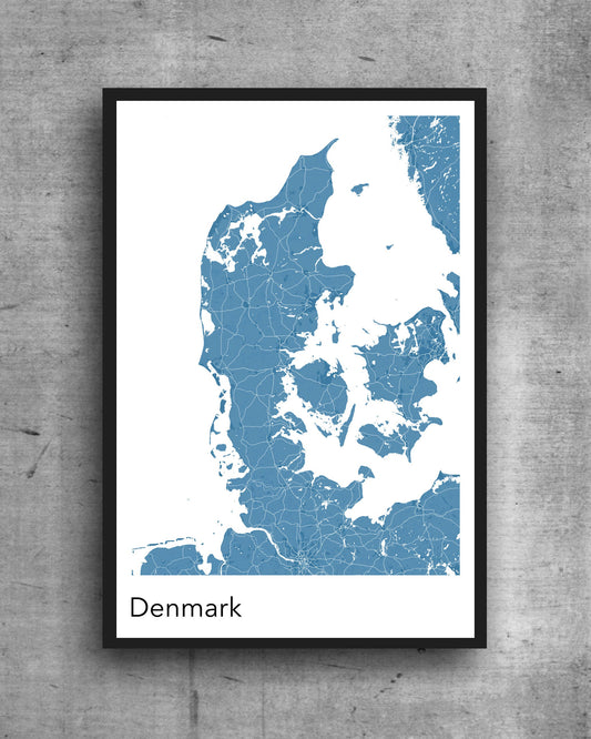 Denmark modern minimalist map print poster.  Quality colourful poster of Denmark on quality art paper