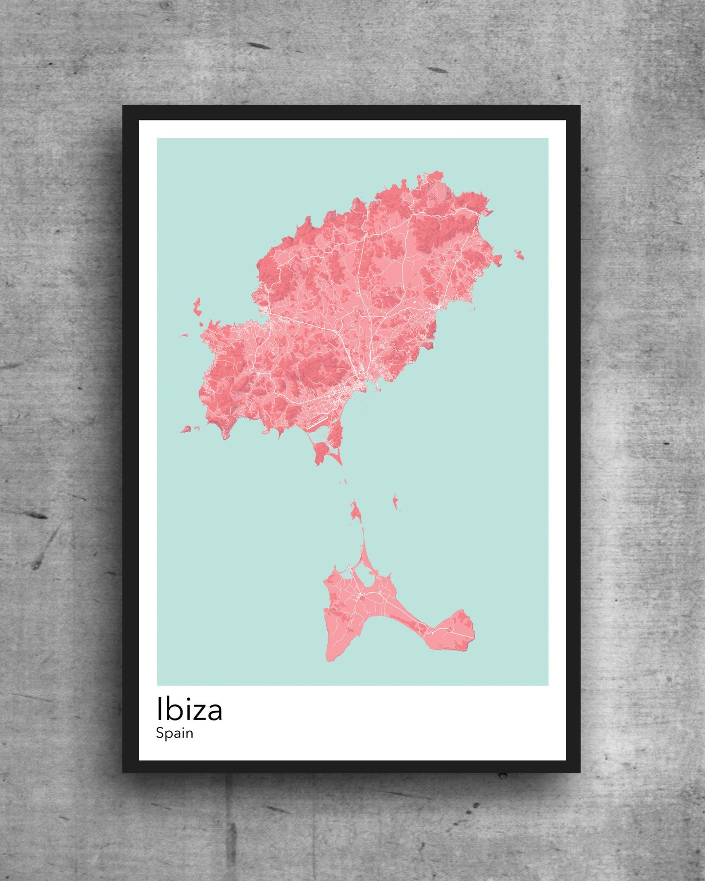 Ibiza modern minimalist map print poster. Quality colourful poster of  Ibiza island in Spain on quality art paper