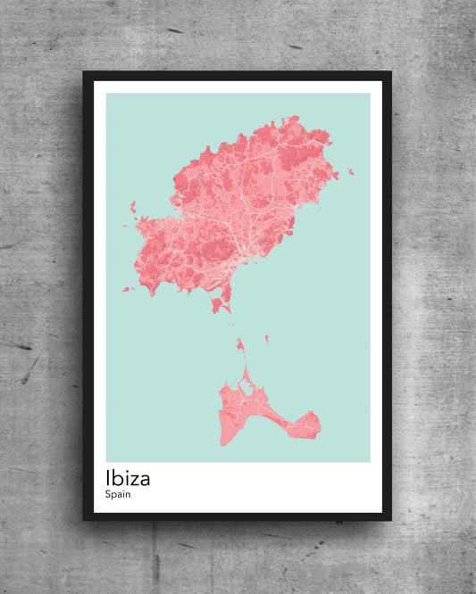 Ibiza modern minimalist map print poster. Quality colourful poster of  Ibiza island in Spain on quality art paper