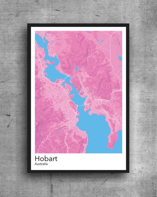 Hobart modern minimalist map print poster. Quality colourful poster of Hobart Australia on quality art paper