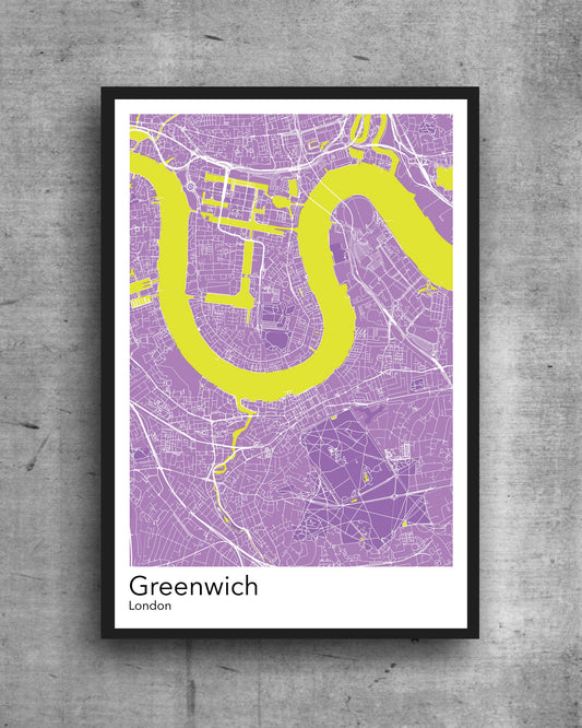 Greenwich modern minimalist map print poster. Quality colourful poster of Greenwich London on quality art paper