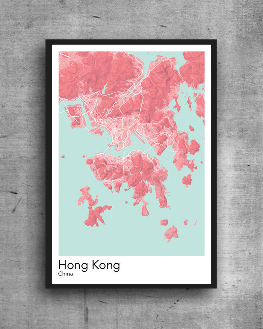 Hong Kong modern minimalist map print poster. Quality colourful poster of Hong kong on quality art paper