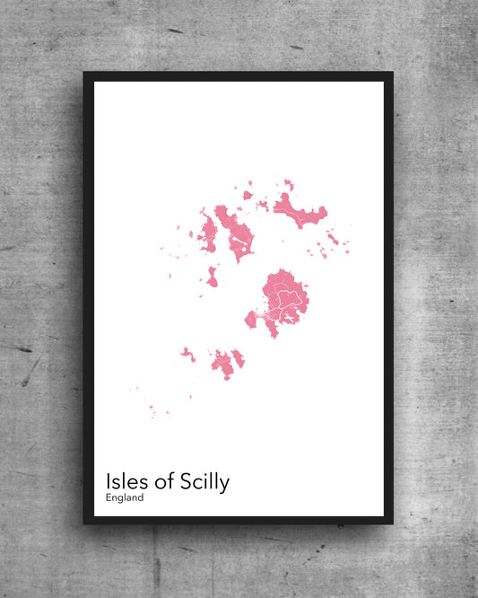 Isles of Scilly modern minimalist map print poster. Quality colourful poster of Scilly Isles in England on quality art paper