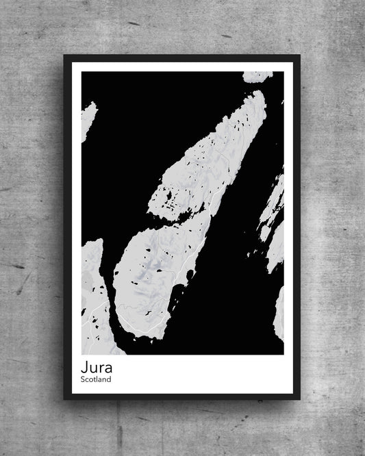 Jura modern minimalist map print poster. Quality colourful poster of Jura island in Scotland quality art paper