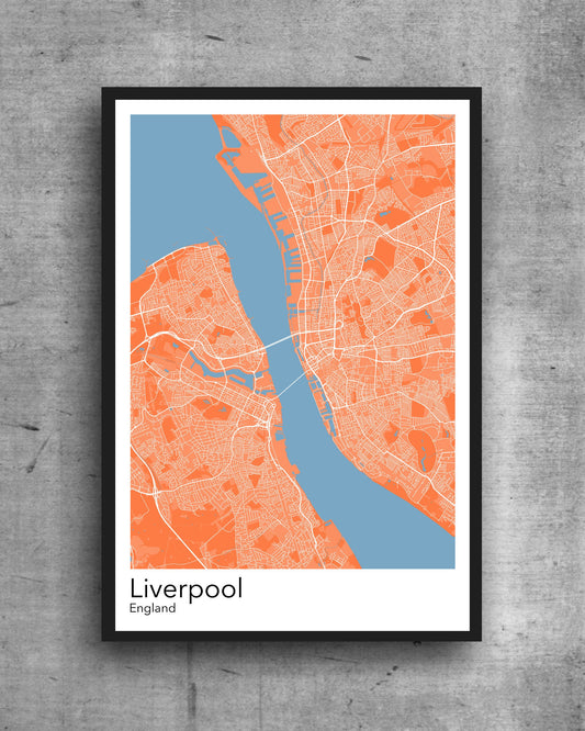 Liverpool  modern minimalist map print poster. Quality colourful poster of Liverpool England quality art paper