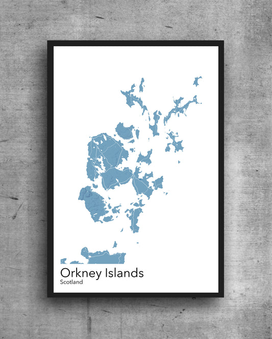 Orkney Islands modern minimalist map print poster. Quality colourful poster of Orkney in Scotland on quality art paper