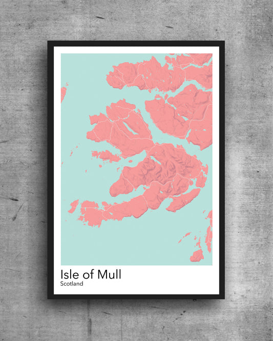 Mull modern minimalist map print poster. Quality colourful poster of island of Mull Scotland quality art paper