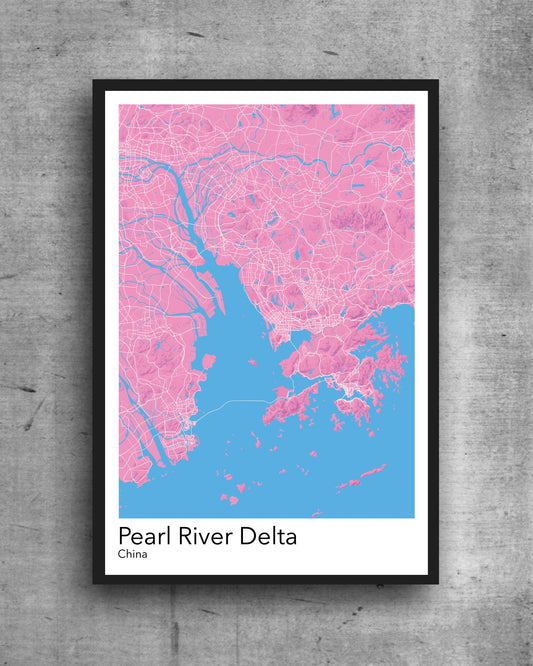 Pearl River Delta modern minimalist map print poster. Quality colourful poster of Pearl River Delta China quality art paper