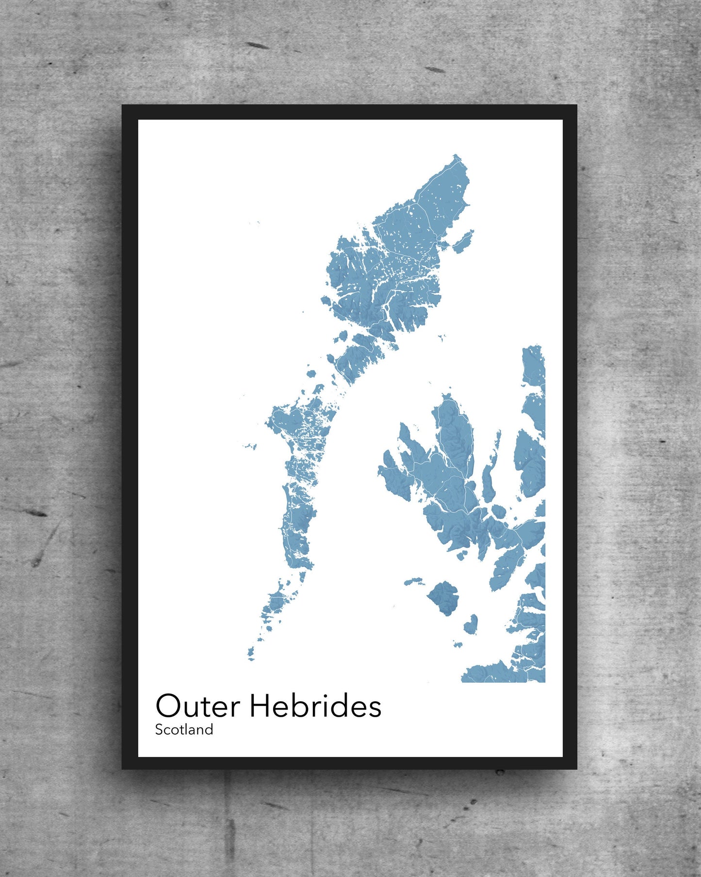 Outer Hebrides modern minimalist map print poster. Quality colourful poster of Outer Hebrides islands in Scotland quality art paper