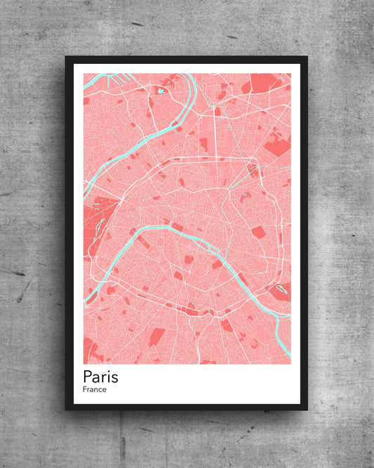 Paris modern minimalist map print of  Quality colourful poster of Paris France on quality art paper