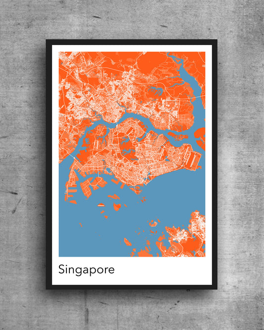 Singapore modern minimalist map print poster. Quality colourful poster of Singapore quality art paper