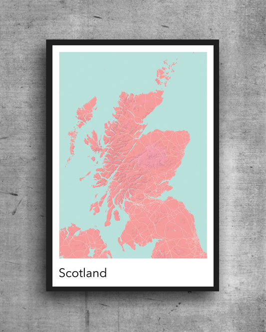 Scotland modern minimalist map print poster. Quality colourful poster of Scotland on quality art paper