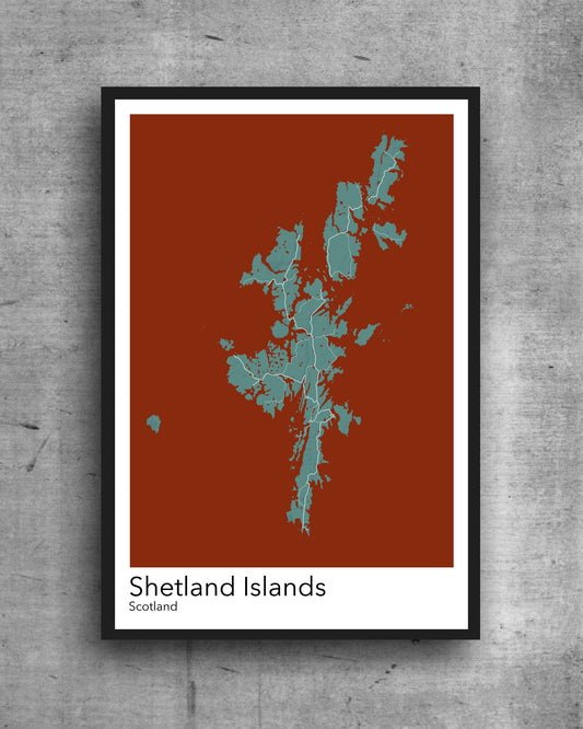 Shetland Islands modern minimalist map print poster. Quality colourful poster of Shetland Islands in Scotland on quality art paper